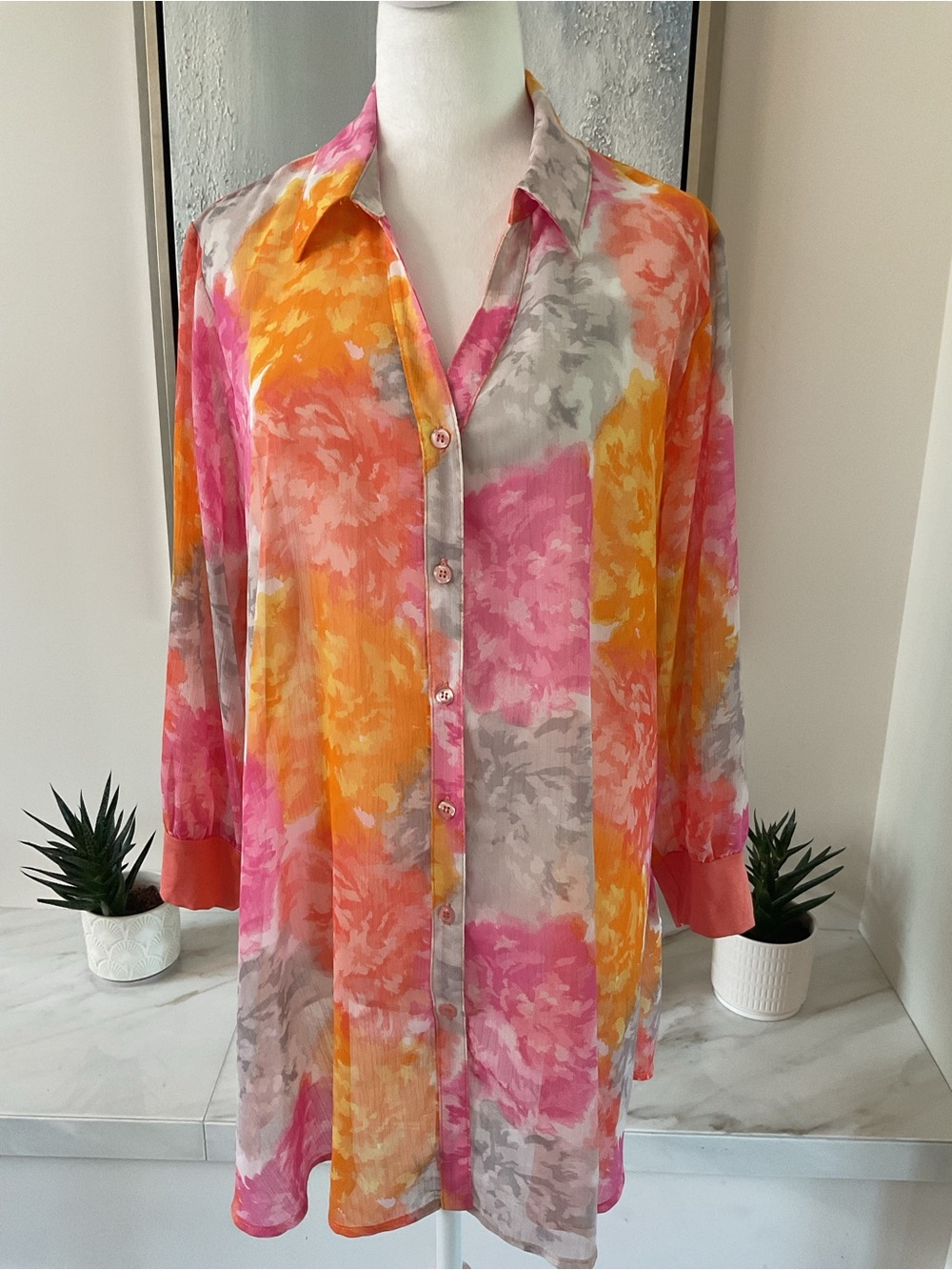 ***BELLINA*** Sheer Floral Button-Front Tunic in Pink, Orange & Gray